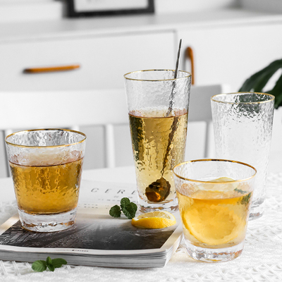 KAK日式锤纹金边玻璃水杯家用喝水简约耐热ins风套装组合装