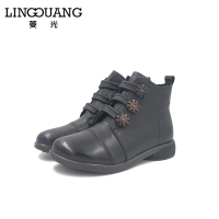 菱光冬季新款妈妈休闲棉鞋女加绒保暖真皮软底平跟中年短靴