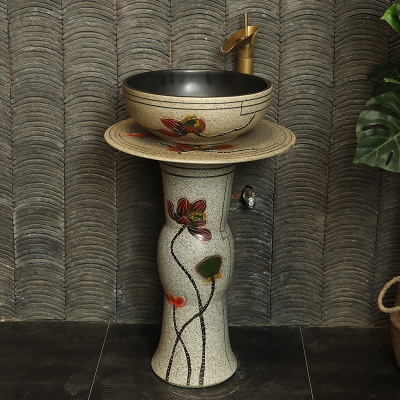 多美中式艺术仿古陶瓷立柱式知渡洗脸盆雕刻立柱盆一体庭院复古洗手盆