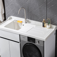 它墅定制洗衣机一体柜太空铝石英石台盆柜阳台滚筒洗衣柜组合带搓衣板_95cm左盆单开门