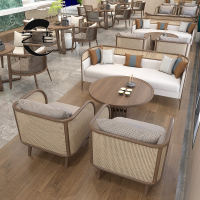 它墅中式藤编沙发酒店民宿接待区卡座设计师侘寂风原木色家具