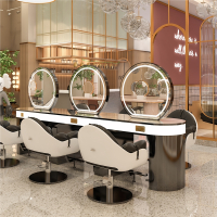 洛滑定制网红理发店镜台发廊专用单面双面大理石美发镜子带柜子剪发烫染桌