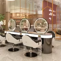 洛滑定制网红理发店镜台发廊专用单面双面大理石美发镜子带柜子剪发烫染桌
