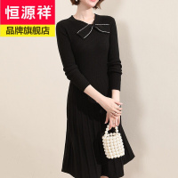 恒源祥高档纯羊毛衫女长袖连衣裙女士毛衣中长款蝴蝶结气质修身打底衫2020冬装新款