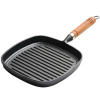木把手22牛排锅|铸铁煎锅平底牛排条纹烤肉锅西餐厅煎鱼烤虾专用锅22cm24cm