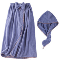 深蓝色干发帽+浴裙魔术贴款|干发帽浴巾套装干发巾浴帽速干包头巾干发毛巾非纯棉吸水浴裙