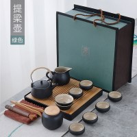 提梁壶礼盒装(墨绿色) 15件|黑陶功夫茶具套装家用简约储水式干泡茶盘小茶台送礼盒装logo