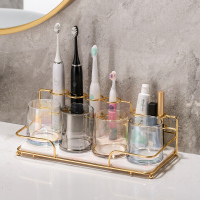 小号粉色长方单层(陶瓷款)带4孔电动牙刷孔|浴室洗漱台收纳架洗手间卫生间厕所牙刷收纳盒化妆用品镜前置物架