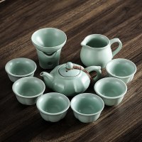 10头汝窑莲花茶具|开片汝窑茶具套装陶瓷功夫茶具套装冰裂盖碗家用茶壶茶具