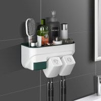 [墨绿]两杯情侣[一体式免组装]|牙刷置物架网红牙刷架免打孔卫生间壁挂牙缸套装漱口刷牙杯挂墙式