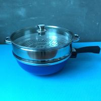 蓝色升级加厚款+蒸笼 钢化玻璃盖|家用多功能电炒锅不粘锅无油烟电火锅电蒸锅电煎锅宿舍用电热锅
