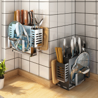 厨房不锈钢刀架置物架壁挂式放菜板刀具筷子锅盖一体多功能收纳架