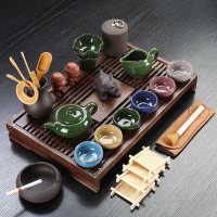 升级版--小兰香[橡木色]+冰裂套组 22件|紫砂陶瓷功夫茶具套装家用客厅整套茶台茶杯办公抽屉式实木小茶盘