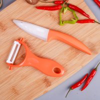橙色瘦弯柄3寸水果刀+02削送刀套|陶瓷刀套装水果刀瓜果刨削皮刀厨用刀具厨房套刀迷你刀送刀套