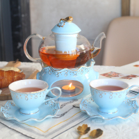 浅蓝色1壶2杯碟(送勺)|欧式水果花茶茶杯家用陶瓷蜡烛加热玻璃花茶壶英式下午茶茶具套装