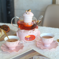 粉红色1壶2杯碟(送勺)|欧式水果花茶茶杯家用陶瓷蜡烛加热玻璃花茶壶英式下午茶茶具套装