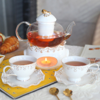 白色1壶2杯碟(送勺)|欧式水果花茶茶杯家用陶瓷蜡烛加热玻璃花茶壶英式下午茶茶具套装