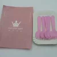 100套粉色5盘5叉|生日蛋糕刀叉一次性餐具蛋糕刀叉餐具塑料叉勺组合100套