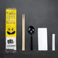 吃好喝好(黑勺)100套|一次性筷子四件套勺子纸巾牙签餐具四合一快餐外卖打包餐具包