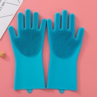 短毛款魔术硅胶手套(蓝色) L|硅胶魔术洗碗手套女神厨房多功能防水刷碗胶皮手套家务清洁耐用
