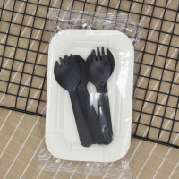 黑色简装黑5盘叉100套|一次性生日蛋糕刀叉盘蜡烛纸盘彩色叉勺套装组合四合一刀叉碟餐具