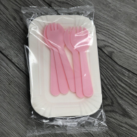 粉红色简装粉5盘叉100套|一次性生日蛋糕刀叉盘蜡烛纸盘彩色叉勺套装组合四合一刀叉碟餐具