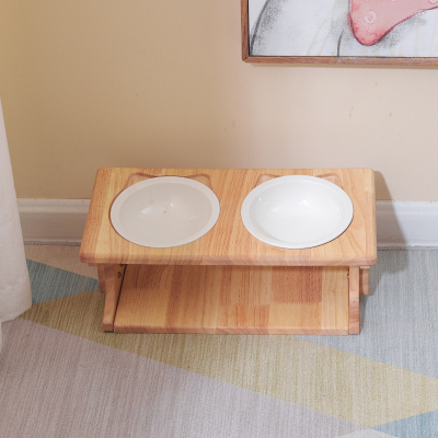 布鲁仕实木双碗猫狗宠物食具可调节升降防打翻陶瓷双碗