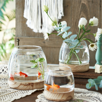 米妮日式简约木托花瓶透明玻璃客厅插花摆件水养植物绿萝水培生态鱼缸