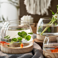 米妮透明玻璃鱼缸创意圆形办公室木托斗鱼缸小型客厅家用生态小金鱼缸