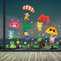 可爱动物雨伞 大|幼儿园装饰双面贴画玻璃窗贴纸自粘门贴儿童房卡通动物防水墙贴