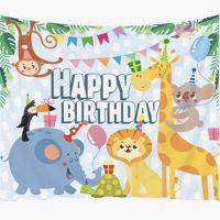 生日动物背景布|野餐气球套餐儿童卡通生日背景布户外拍照拉旗装饰彩色苏墙气球