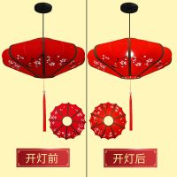 红色绘画[送吸顶盘+LED灯] 直径80厘米|新中式古典手绘布艺宫灯酒店餐厅婚礼室内外装饰飞碟荷花仿古灯笼