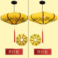 黄色绘画[送吸顶盘+LED灯] 直径40厘米|新中式古典手绘布艺宫灯酒店餐厅婚礼室内外装饰飞碟荷花仿古灯笼