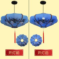 蓝色绘画【送吸顶盘+LED灯】 直径40厘米|新中式古典手绘布艺宫灯酒店餐厅婚礼室内外装饰飞碟荷花仿古灯笼