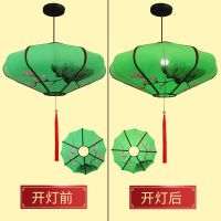 绿色绘画【送吸顶盘+LED灯】 直径80厘米|新中式古典手绘布艺宫灯酒店餐厅婚礼室内外装饰飞碟荷花仿古灯笼