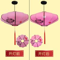 粉色绘画[送吸顶盘+LED灯] 直径80厘米|新中式古典手绘布艺宫灯酒店餐厅婚礼室内外装饰飞碟荷花仿古灯笼