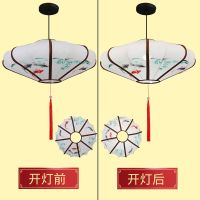 白色绘画[送吸顶盘+LED灯] 直径60厘米|新中式古典手绘布艺宫灯酒店餐厅婚礼室内外装饰飞碟荷花仿古灯笼