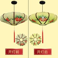 米黄色绘画[送吸顶盘+LED灯] 直径60厘米|新中式古典手绘布艺宫灯酒店餐厅婚礼室内外装饰飞碟荷花仿古灯笼