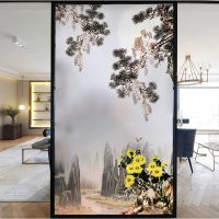 款式4 30*60|玻璃贴纸静电贴膜窗户遮光中式山水画厨房客厅推拉移门防晒窗花纸