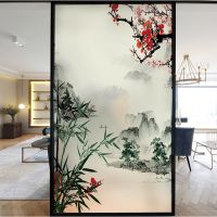 款式5 30*90|玻璃贴纸静电贴膜窗户遮光中式山水画厨房客厅推拉移门防晒窗花纸