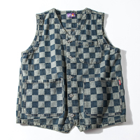 美式休闲复古格子牛仔马甲 多口袋丹宁布无袖工装背心阿美咔叽