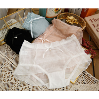 裆部纯棉~性感网纱简约珍珠蝴蝶结中高腰包臀大码女士内裤胖mm