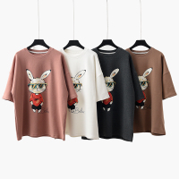 喜欢这只拽兔子 厚款女士纯棉磨毛打底衫圆领卡通中袖中长款t恤