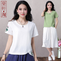 民族风女装2021夏季新款刺绣花短袖棉麻体恤上衣亚麻白色半袖t恤