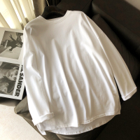 2021早春新品纯色棉质中长款圆领开叉长袖t恤女士宽松打底衫上衣