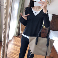 简约至上v领假两件撞色天丝棉打底衫宽松长袖t恤女2021春季新款