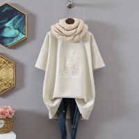 欧货秋冬简约中长款磨毛短袖t恤女纯棉加厚卡通压花大码打底衫潮t