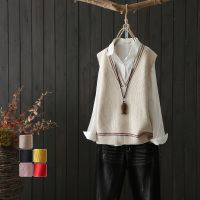 文艺范v领套头针织背心女马甲女春秋新款外搭无袖毛衣百搭坎肩女