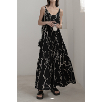 抽象线条花吊带裙韩版复古气质高个子大摆a字中长款连衣裙仙