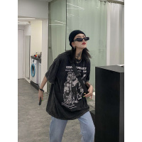 migu原宿风美式复古乐队印花黑色短袖t恤女ins潮宽松大版港风半袖